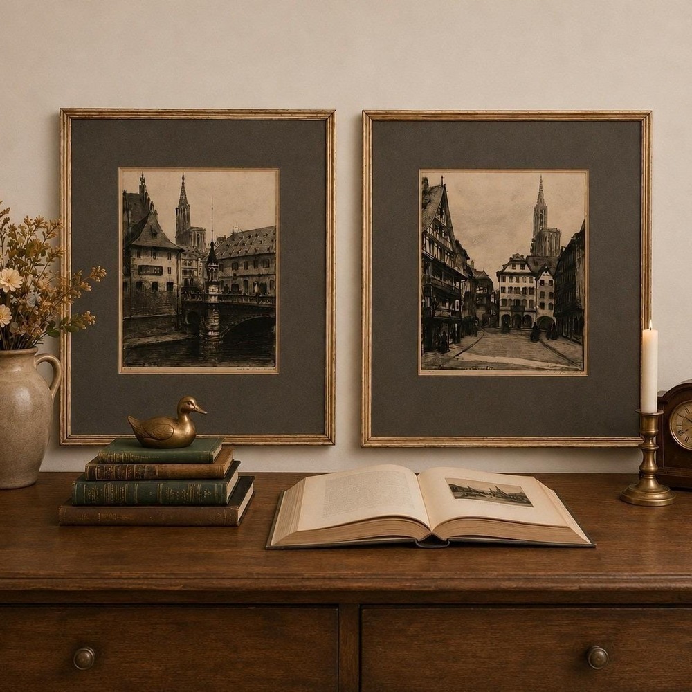 Antique Strasbourg Framed Etchings Set of 2 Signed W A Lambrecht France Artwork